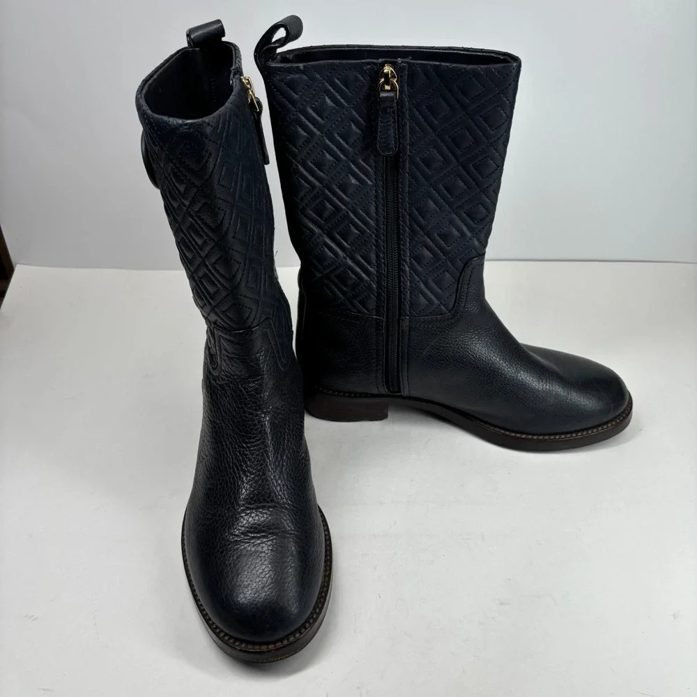 Tory Burch Marion Women's US 8M Quilted Black Leather Mid-Calf‎ Boots Equestrian